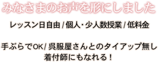 みなさまのお声を形にしました レッスン日自由/個人・少人数授業/低料金/朝10時から夜10時まで
                        手ぶらでOK/呉服屋さんとのタイアップ無し/着付師にもなれる！